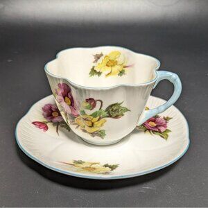 Shelley Begonia Bone China Teacup Saucer England Yellow Pink Floral Vintage